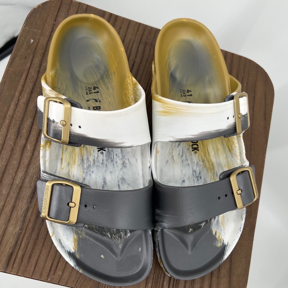 Birkenstock Arizona EVA Sandals Gold Black White Marble Slides 41 L10 M8 - Picture 2 of 6